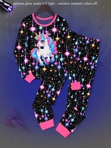 Tween女孩2件套貼身睡衣，可愛獨角獸印花彩色星星螢光夜衣，黑色秋季圓領針織睡衣 - 彩色 - 查看 5