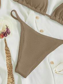 SHEIN Swim 2026 Spring/Summer Women's Vacation Special Fabric Spaghetti Strap Halter Brown Sexy Thong Bikini 2 Pieces Swimsuit - Mocha Brown - View 4