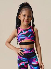 SHEIN Komplet dla młodych dziewcząt, 2 sztuki, bezrękawnik z nadrukiem + spodnie, strój codzienny na święta, na zewnątrz, na każdą porę roku