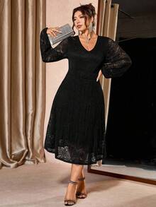 Cravure Plus Size Women V-Neck Hollow Lace Elegant Dress