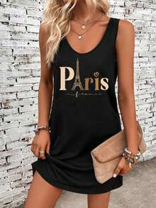 EMERY ROSE 女士休閒無袖連衣裙，簡約圓領和巴黎圖案印花，適合夏季