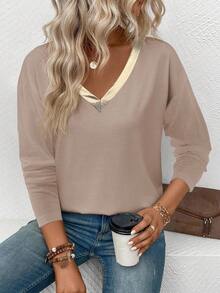 EMERY ROSE Women's Casual V-Neck Contrast Gold PU Faux Leather Trim Long Sleeve T-Shirt