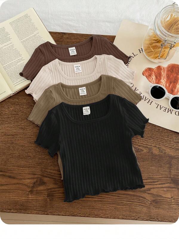 SHEIN LMoss Kids 4pcs Baby Girls Casual Solid Color Ruffles Trim Short Sleeve Knitwear Tops Set