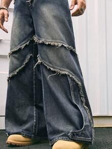 AXEPEAK Men's Retro Distressed Slant Pocket Loose Wide-Leg Jeans - Medium Wash - View 5