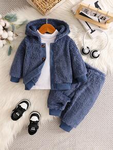 SHEIN Playful Pals 男婴加厚连帽羊毛外套和松紧腰束脚裤两件套，儿童服装，婴儿套装，春秋冬季，6个月-3岁男婴连帽衫套装，深蓝色男婴套装，男婴运动服，舒适小精灵，男婴冬季服装套装，男婴套装，男童秋季服装，儿童/婴儿服装，男婴服装，婴儿休闲套装，男婴冬季服装，男婴冬季服装，6个月-3岁