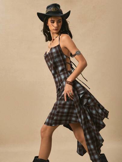 Easelle فستان نسائي قصير بحمالات سباغيتي مخطط بطراز قديم، مع حمالات ظهر مفتوحة، فستان حفلات بتصميم حاشية غير متماثلة