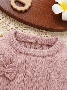 2 sztuki/zestaw: śliczny różowy sweterek dla małych dziewczynek | Sweter z okrągłym dekoltem i długim rękawem + modne spodnie dzwony z ozdobną kokardką 3D - Różowy - Zobacz 7