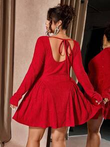 Cravure Vestido largo de manga larga con cuello cuadrado, espalda descubierta, cintura con empalme y lentejuelas, elegante y de fiesta, talla grande, color rojo - Rojo - Ver 2