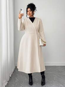Elenzga Plus Size Elegant V-Neck Fitted Solid Color Flared Hem Overcoat - Apricot - View 4