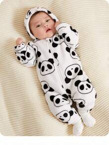 SHEIN 新生女孩可爱卡通图案毛绒连帽连体衣，秋冬