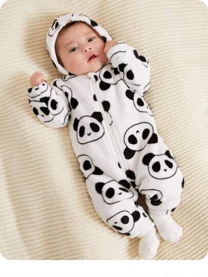 SHEIN Newborn Baby Girl Cute Cartoon Pattern Fuzzy Hooded Jumpsuit, Autumn/Winter