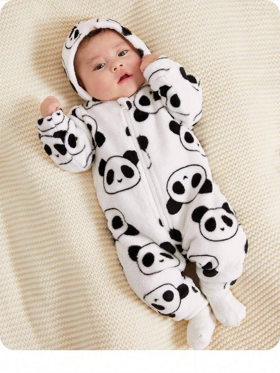 SHEIN 新生女孩可爱卡通图案毛绒连帽连体衣，秋冬