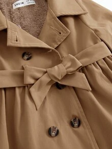 SHEIN Baby Girl Cute Minimalist Brown Thermal Lined Long Coat With Lapel Collar, Autumn/Winter