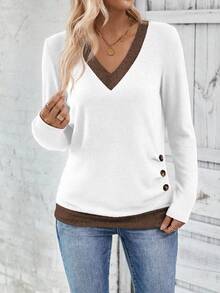 EMERY ROSE Women's Casual Long Sleeve T-Shirt With Contrast Trim And Button Decor, Autumn - Multicolor - View 4