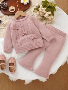 2 sztuki/zestaw: śliczny różowy sweterek dla małych dziewczynek | Sweter z okrągłym dekoltem i długim rękawem + modne spodnie dzwony z ozdobną kokardką 3D - Różowy - Zobacz 3