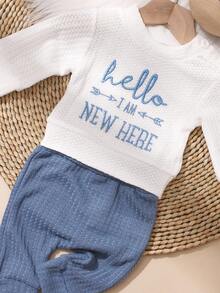 SHEIN HELLO Letter Embroidered Newborn Photography Outfit, Baby Boy/Girl Top, Pants, Hat 3pcs Set, Infant 1 Month To 100 Days Studio Photo Prop Clothing Fall Winter
