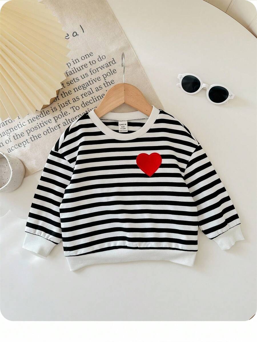 Baby Girl French Stripe & Heart Patchwork Dropped Shoulder Sweatshirt, Casual & Comfortable For Autumn/Winter Everyday Wear And School - Black and White - View 1
