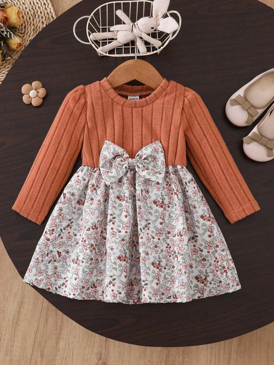 SHEIN Váy len dệt kim dài tay họa tiết hoa nhỏ xinh xắn cho bé gái, mùa thu - Nhiều màu - Xem 1