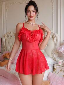 SHEIN 2pcs Lace Contrast Mesh Sexy Nightgown Set (Wireless, G-String), Baddie Look - Red - View 3