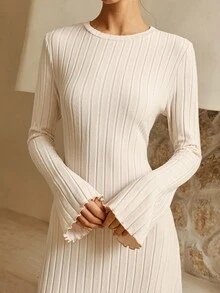 Lymera Women's White Elegant Sexy Soft Chunky Knit Textured Crew Neck Mermaid Hem Long Sleeve Casual All-Match Long Dress For Party Going Out New Year Christmas Thanksgiving Work Office Commuting, Summer/Autumn/Winter - Apricot - View 6