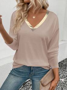EMERY ROSE Women's Casual V-Neck Contrast Gold PU Faux Leather Trim Long Sleeve T-Shirt