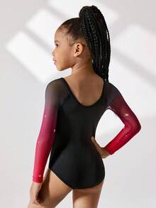 4-Way Stretch High Stretch Young Girls Activewear Bodysuit, Gradient Mesh Long Sleeve Gymnastics Leotard With Rhinestone Decor, Suitable For Fitness, Outdoor Sports, Dance, Yoga, Gymnastics Fall Winter - Multicolor - View 2