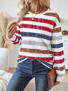 EMERY ROSE Women Crew Neck Long Sleeve Striped Casual Top Graphic Tees Women Tops For Spring Outfit - Multicolor - View 3