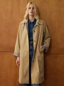 Écloséra 优雅法式复古卡其色衬衫领长袖格子撞色前开春秋女式风衣 - 卡其色 - 查看 3