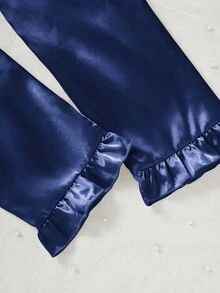 2pcs Girls' Navy Blue Solid Color Embroidered Ruffle Sleeve Long Sleeve Top And Pants Pajama Set, Spring/Autumn Fall Winter - Royal Blue - View 3