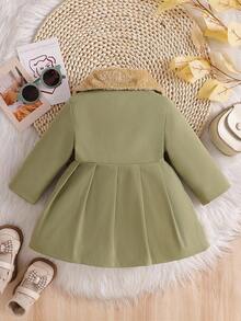 SHEIN 女婴简约时尚仿毛领蝴蝶结装饰风衣，秋冬款