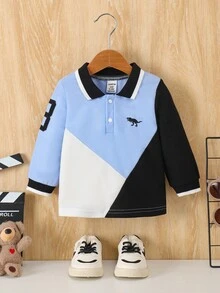 SHEIN Toddler Boys' Colorblock Long Sleeve Polo Shirt, Comfortable & Versatile, Spring/Autumn Fall Winter - Multicolor - View 2