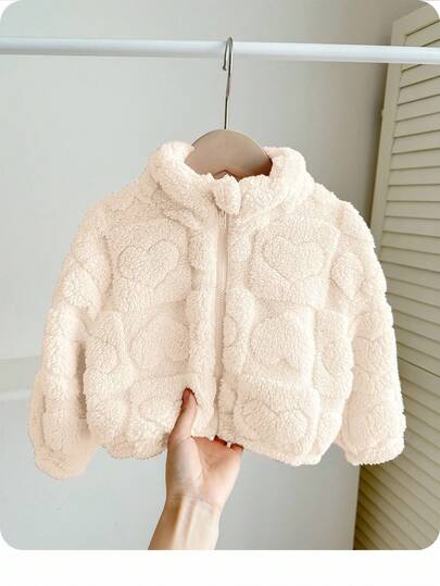 Baby Girl Casual Hooded Fluffy Long Sleeve Jacket With Heart Graphic, Versatile Streetwear,In Fall/Winter