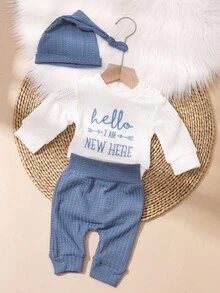 SHEIN HELLO Letter Embroidered Newborn Photography Outfit, Baby Boy/Girl Top, Pants, Hat 3pcs Set, Infant 1 Month To 100 Days Studio Photo Prop Clothing Fall Winter