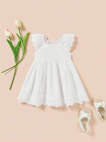 SHEIN Newborn Baby Girl Decorative Lace Round Neck Ruffle Waist Dress