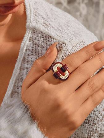 Glisma 18K Gold-Plated Rhinestone & Enamel Oval Ring, Vintage Fashionable European & American Ins Style,Party,Night Club,Shopping,Vintage,PREMIUM,Zirconia,Rhinstone,Western Jewelry,Old Money,Gemstone,Outfits,Fall/Autumn/Winter,For Mom/Women/Girl/Mother,Premium