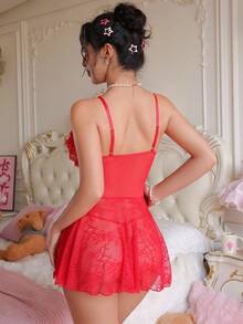SHEIN 2pcs Lace Contrast Mesh Sexy Nightgown Set (Wireless, G-String), Baddie Look - Red - View 2