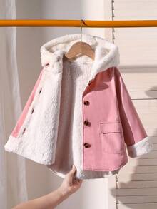 少女前扣连帽羊毛保暖夹克 - 粉色 - 查看 3