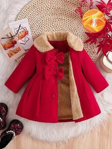 SHEIN Baby Girls' Faux Fur Collar Bow Decor Trench Coat, Autumn/Winter Fall - Multicolor - View 7
