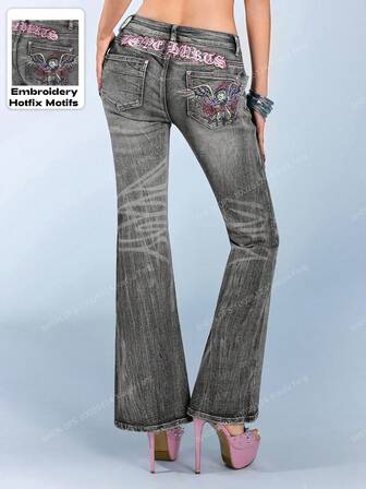 Betty Boop | ROMWE Jeans a zampa con stampa alare e decorazioni di strass in stile Y2K biker chic
