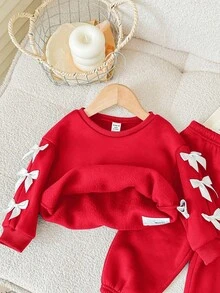 SHEIN Babygirl 可爱红色蝴蝶结长袖卫衣和松紧腰裤套装，秋冬 - 紅色 - 查看 11