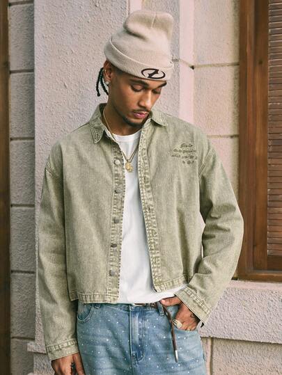 AXEPEAK Men's Casual Washed Distressed Denim Long Sleeve Jacket, Fall