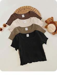 SHEIN LMoss Kids 4 件装女婴休闲纯色荷叶边短袖针织上衣套装