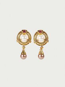 Glisma 18K Gold-Plated Vintage Exaggerated Elegant Pearl Earrings,Party,Night Club,Shopping,Vintage,PREMIUM,Zirconia,Rhinstone,Western Jewelry,Old Money,Gemstone,Outfits,Fall/Autumn/Winter,For Mom/Women/Girl/Mother,Premium