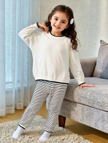 SHEIN 2pcs/Set Young Girl' Warm Thick Striped Knitted Sweater And Pants Set - Apricot - View 1