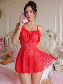 SHEIN 2pcs Lace Contrast Mesh Sexy Nightgown Set (Wireless, G-String), Baddie Look - Red - View 6