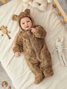 SHEIN 新生儿男女宝宝可爱卡通印花抓绒连帽连体衣，适合秋冬季节，室内外均可穿着