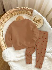 SHEIN Happikins Brown,Autumn,Cute Modest,Family Matching Baby Girl Vintage Cherry Pattern Knit Soft Thick Crew Neck Long Sleeve Sweatshirt & Leggings Set - Multicolor - View 2