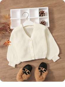 Baby Girl Long Sleeve V-Neck Button-Up Casual Fashionable Simple Cardigan,In Fall/Winter - White - View 5