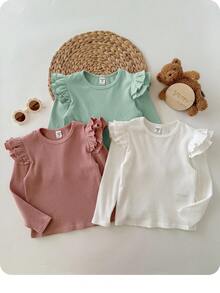 SHEIN 女婴时尚可爱精致小飞袖荷叶边家居三件套休闲纯色针织长袖上衣，多色时尚百搭秋冬款，柔软面料呵护宝宝娇嫩肌肤，是妈妈们的首选。买二送一！女婴时尚长袖上衣，女婴荷叶袖上衣，女婴长袖衬衫，幼儿荷叶袖上衣，新生儿女婴长袖衬衫，女婴罗纹上衣，秋季款 - 彩色 - 查看 6