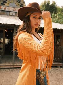 Easelle 女牛仔西部复古休闲串珠流苏细节连帽姜黄色长款毛衣，秋冬乡村音乐会 - 棕色 - 查看 9